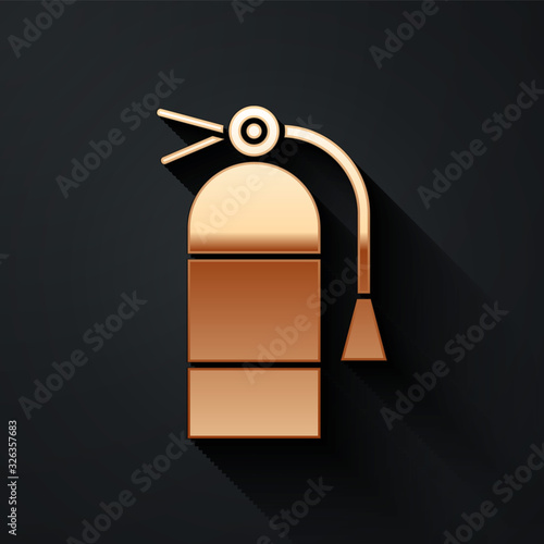 Gold Fire extinguisher icon isolated on black background. Long shadow style. Vector Illustration