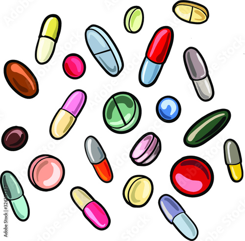Set of tablets, vitamin, capsules isolated on a white background. Pills from coronavirus. Design for medicine, business, pharmacology and pharmaceuticals.Vector illustration