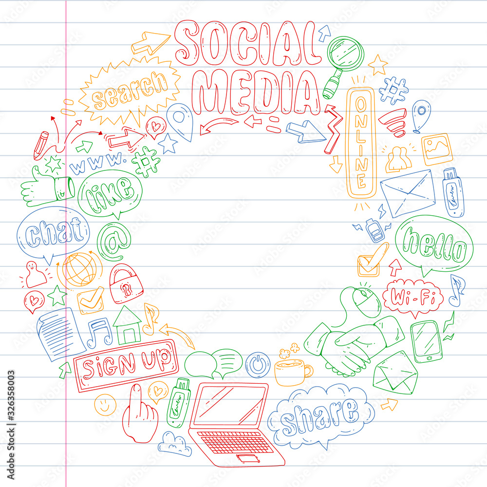 Social media, business, management vector icons. Internet marketing, communications.