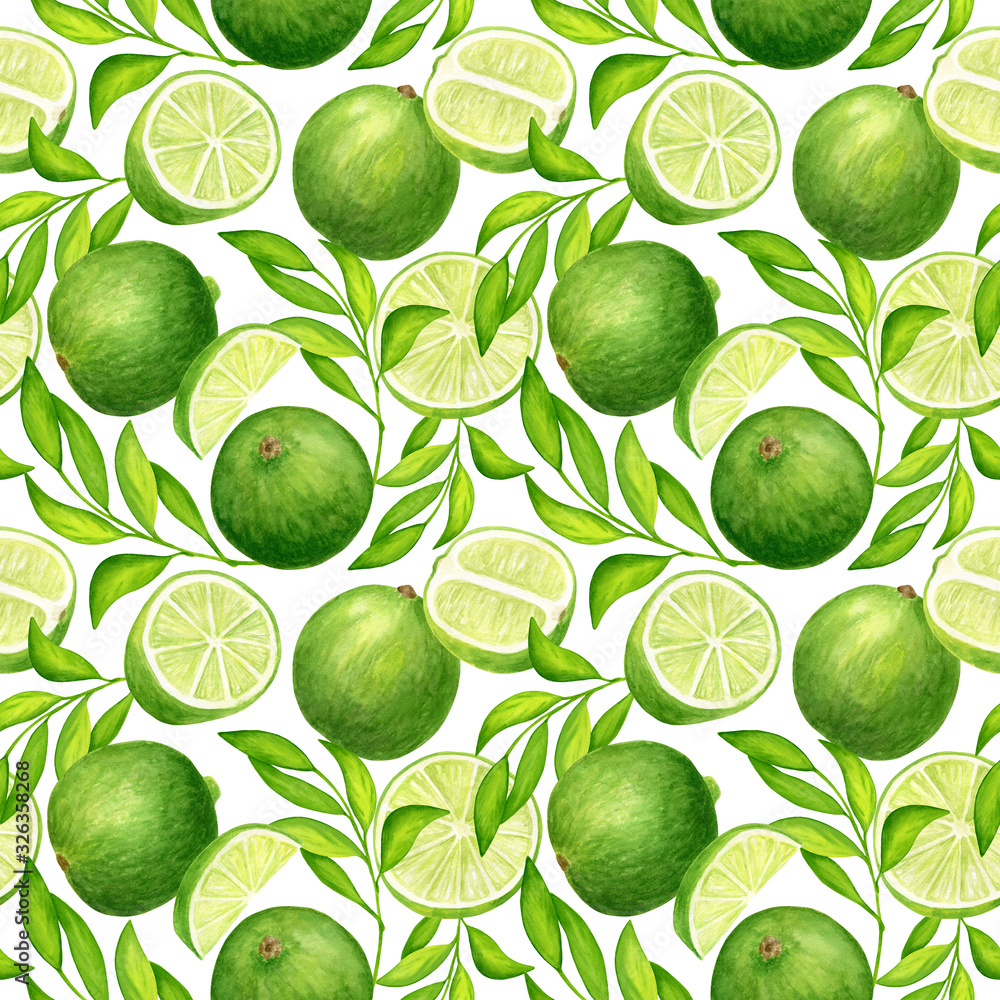 Watercolor lime with leaves seamless pattern. Hand painted fresh green citrus fruit illustration isolated on white background for textile, package, wrapping, cards, decoration. Watercolor lime with leaves seamless pattern. Hand painted fresh green citrus fruit illustration isolated on white background for textile, package, wrapping, cards, decoration.