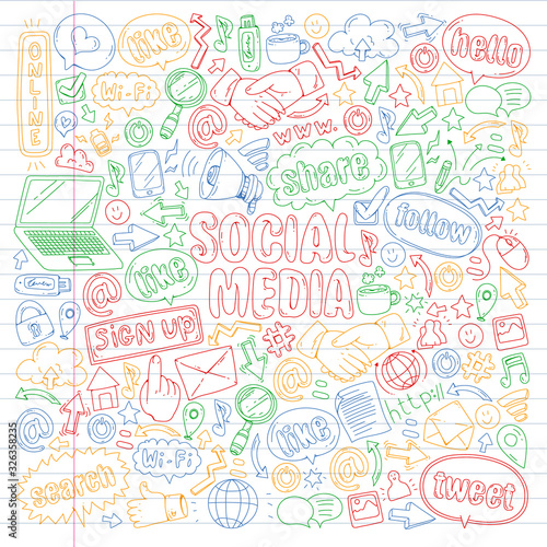 Social media, business, management vector icons. Internet marketing, communications.