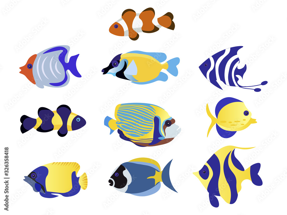 Naklejka premium Exotic Fish Set animal raster illustration flat
