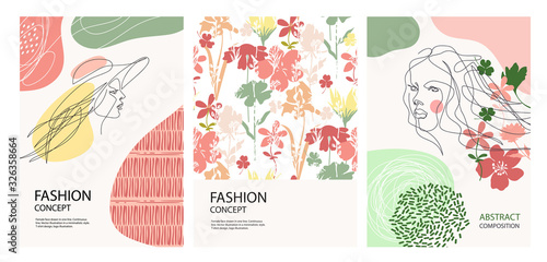 Set of fashion banners. Female faces drawn in one line. Profile of a girl in a hat.