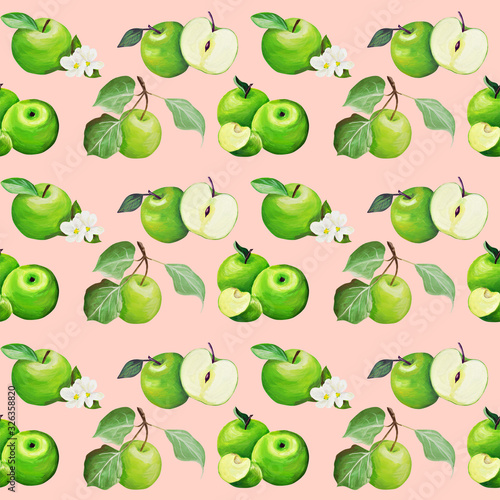  pattern. Apples Hand drawing. Gentle green apples drawn in gouache in the style of realism.