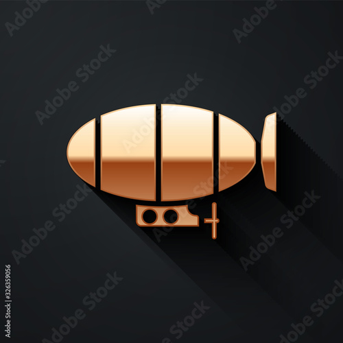 Gold Airship icon isolated on black background. Long shadow style. Vector Illustration