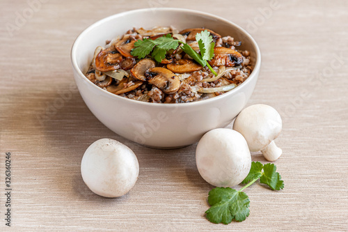 home-made buckwheat porridge with mushrooms