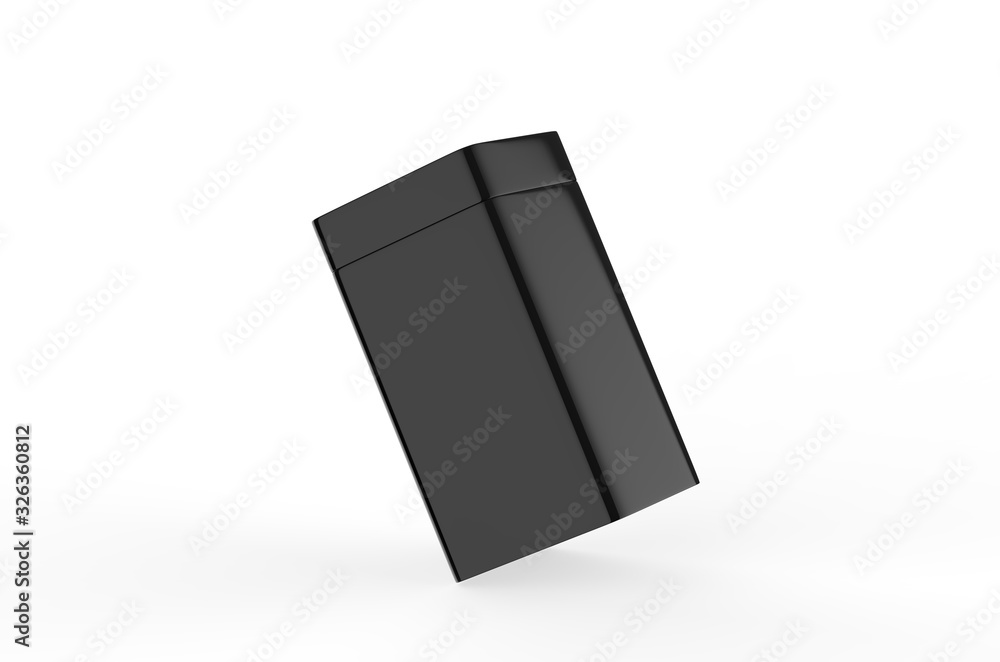 Black glossy tin can mock up template. Container for dry products - tea, coffee, sugar, candy, spice. 3D illustration Black glossy tin can mock up template. Container for dry products - tea, coffee, sugar, candy, spice. 3D illustration