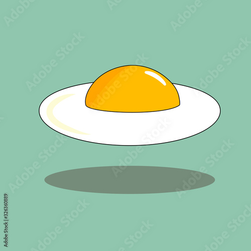 Hand drawn doodle vector illustration of sunny side up fried egg with yellow yoke shadow levitating on turquoise background. Culinary food poster icon sticker