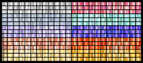 Realistic metal chrome gradient big texture pack. Shiny metal foil gradient set. Vector illustration