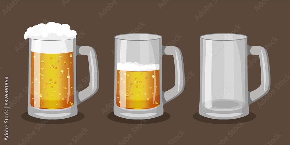 Three mugs of beer with one full, one halffull and one empty. Vector