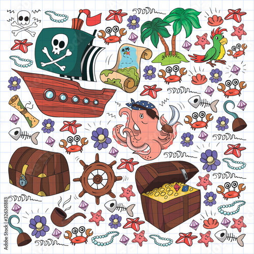 Vector set with pirate elements for birthday party for little children. Kids pattern with octopus, beach, treasure chest, ship