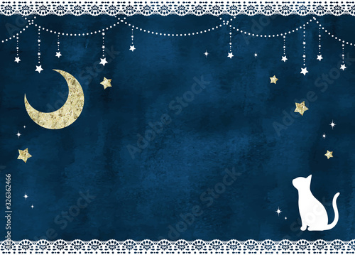 猫と月と星のレースフレーム水彩