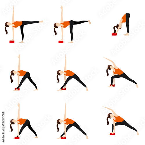 Bend and twist standing yoga asanas set with blocks/ Illustration stylized woman practicing yoga postures with props