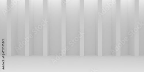 Abstract of architecture space with rhythm of white structure with sun light cast shadow on the wall. 3D rendering.