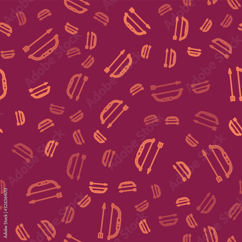 Brown line Bow and arrow in quiver icon isolated seamless pattern on red background. Vector Illustration