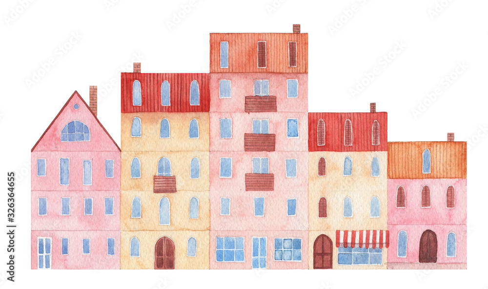 Watercolor hand drawn illustration of buildings. Street view