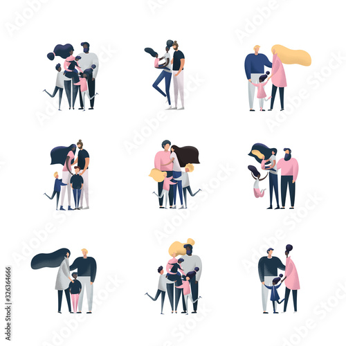 Collection of mothers, fathers and children spending time together. Set of parents and kids isolated on white background. Flat cartoon vector illustration.