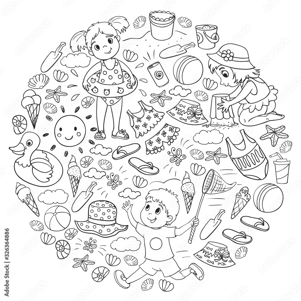 Vector pattern with little chilren. Family summer vacations. Beach, ocean, island, sun. Kids play. Swimming and relaxation. Vector pattern with little chilren. Family summer vacations. Beach, ocean, island, sun. Kids play. Swimming and relaxation.