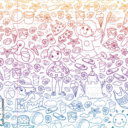 Vector pattern with little chilren. Family summer vacations. Beach, ocean, island, sun. Kids play. Swimming and relaxation.