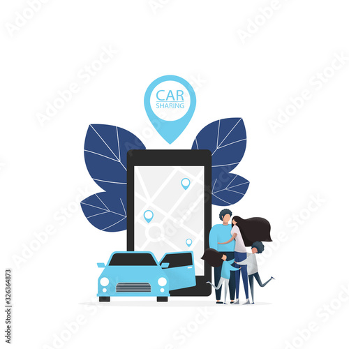 Illustration family rent car . Banner smart car sharing service any location city. Car sharing concept illustration, perfect for banner, mobile app.