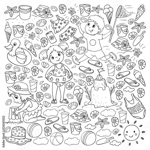 Vector pattern with little chilren. Family summer vacations. Beach, ocean, island, sun. Kids play. Swimming and relaxation.