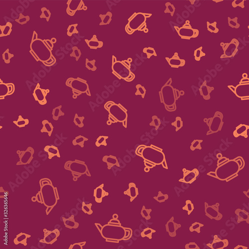 Brown line Traditional Chinese tea ceremony icon isolated seamless pattern on red background. Teapot with cup. Vector Illustration