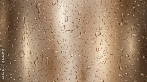 Background with drops and streaks of water in bronze colors, flowing down the metal surface