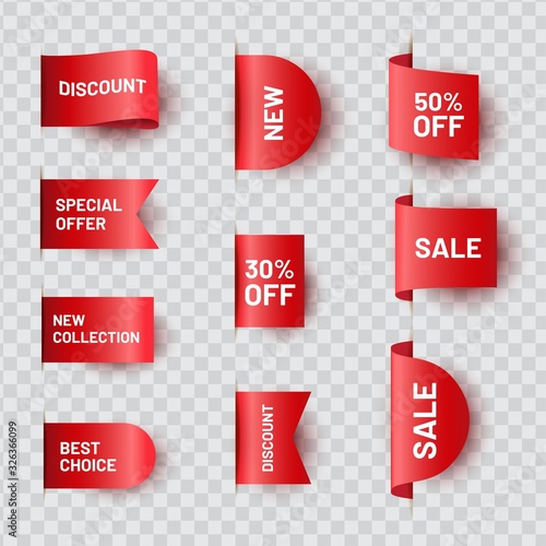 Red realistic ribbon price tag set. Sale offer label collection