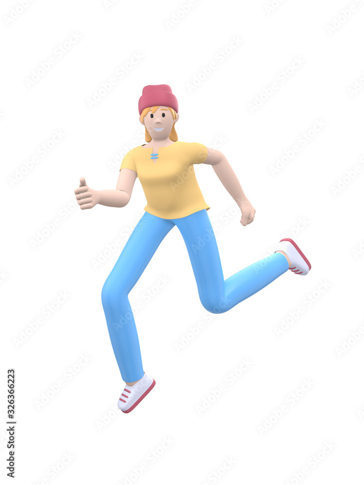 Young cheerful hipster girl in a hat dances, jumps, levitates and flies. Positive character in casual colored clothes isolated on a white background. Funny, abstract cartoon people. 3D rendering. Young cheerful hipster girl in a hat dances, jumps, levitates and flies. Positive character in casual colored clothes isolated on a white background. Funny, abstract cartoon people. 3D rendering.