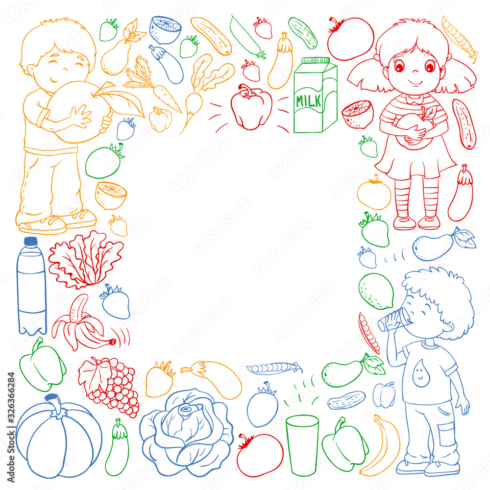 Vector pattern with children eating healthy food. Fruits and vegetables. Kids like milk, dairy products. Pattern for store, mall, menu, cafe, restaurants. Vector pattern with children eating healthy food. Fruits and vegetables. Kids like milk, dairy products. Pattern for store, mall, menu, cafe, restaurants.