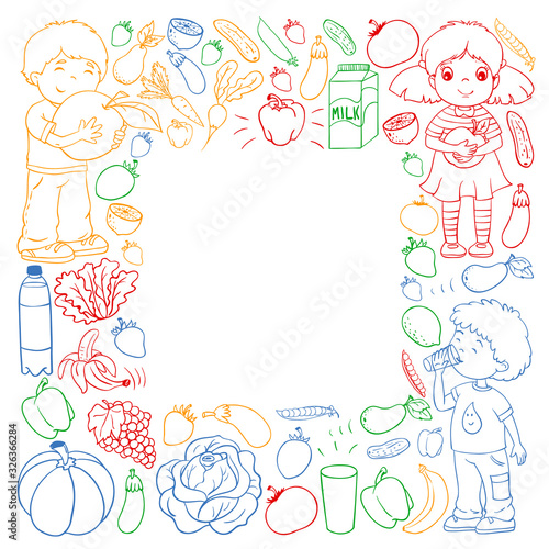Vector pattern with children eating healthy food. Fruits and vegetables. Kids like milk, dairy products. Pattern for store, mall, menu, cafe, restaurants.