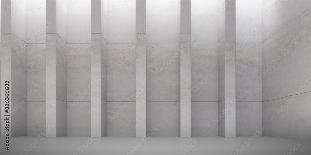 Abstract of architecture space with rhythm of concrete structure with sun light cast shadow on the wall. Cement texture. 3D rendering.