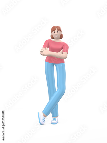 Young happy girl posing in free pose of hands on her chest. Positive character in casual colored clothes isolated on a white background. Funny, abstract cartoon man. 3D rendering.