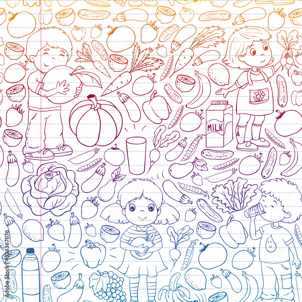 Vector pattern with children eating healthy food. Fruits and vegetables. Kids like milk, dairy products. Pattern for store, mall, menu, cafe, restaurants.