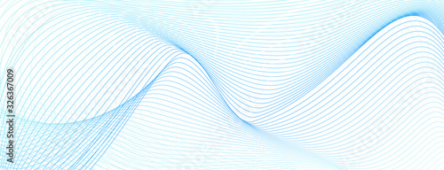Thin light blue undulating curves on white. Colored industrial line art pattern. Radio, sound waves concept. Abstract vector background for cheque, ticket, banner, coupon, voucher. Watermark design