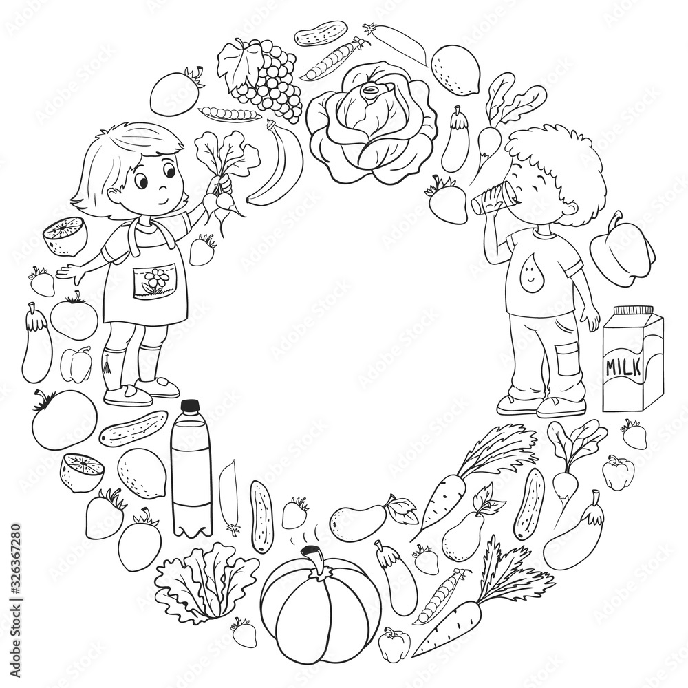 Vector pattern with children eating healthy food. Fruits and vegetables. Kids like milk, dairy products. Pattern for store, mall, menu, cafe, restaurants.