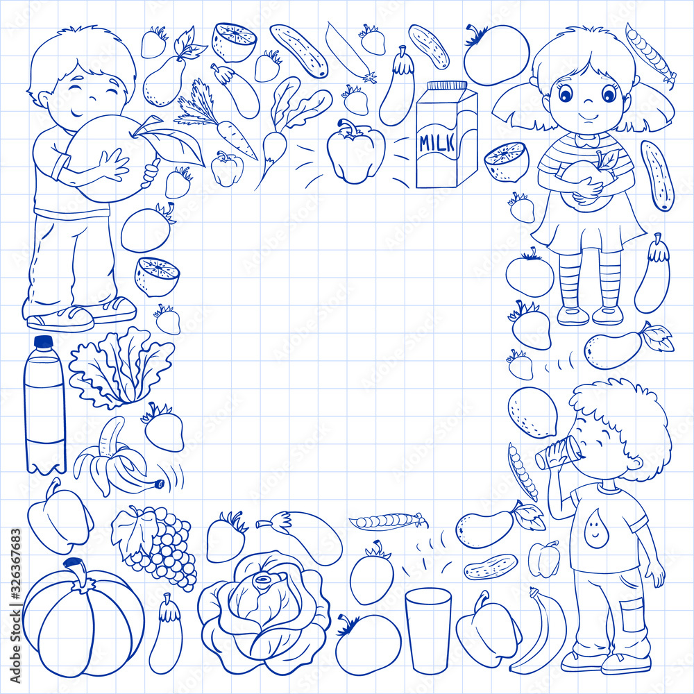 Vector pattern with children eating healthy food. Fruits and vegetables. Kids like milk, dairy products. Pattern for store, mall, menu, cafe, restaurants. Vector pattern with children eating healthy food. Fruits and vegetables. Kids like milk, dairy products. Pattern for store, mall, menu, cafe, restaurants.