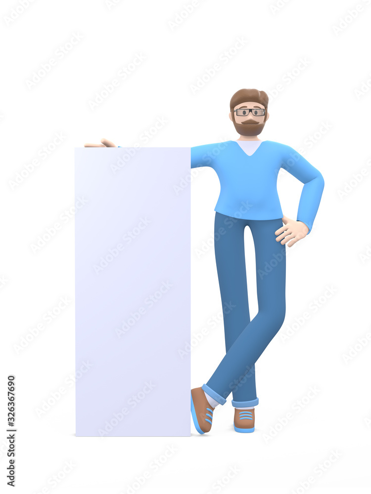 Young cheerful guy with a beard in glasses stands a hand on a white board for text. Positive character in casual colored clothes. Funny, abstract cartoon man. 3D rendering. Young cheerful guy with a beard in glasses stands a hand on a white board for text. Positive character in casual colored clothes. Funny, abstract cartoon man. 3D rendering.
