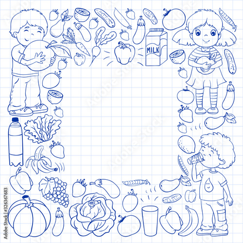 Vector pattern with children eating healthy food. Fruits and vegetables. Kids like milk, dairy products. Pattern for store, mall, menu, cafe, restaurants.