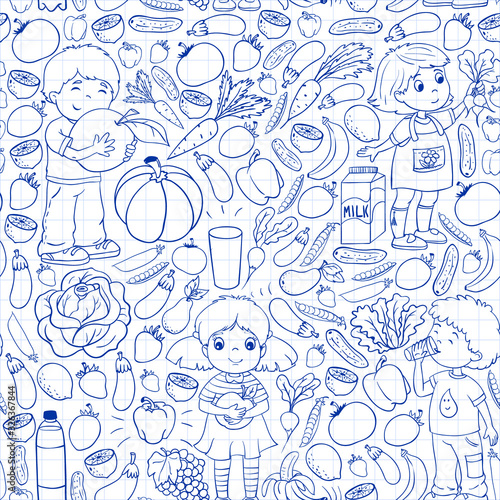 Vector pattern with children eating healthy food. Fruits and vegetables. Kids like milk, dairy products. Pattern for store, mall, menu, cafe, restaurants.