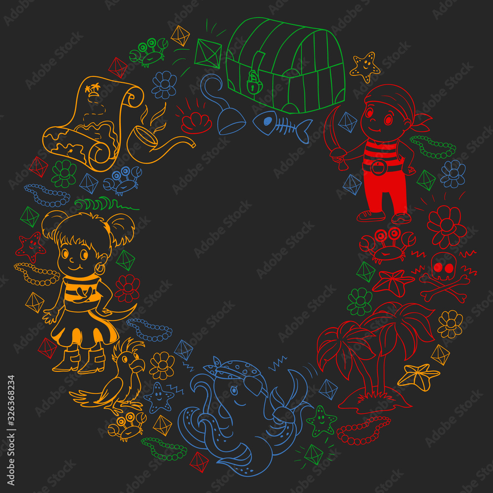 Vector set with pirate elements for birthday party for little children. Kids pattern with octopus, beach, treasure chest, ship Vector set with pirate elements for birthday party for little children. Kids pattern with octopus, beach, treasure chest, ship