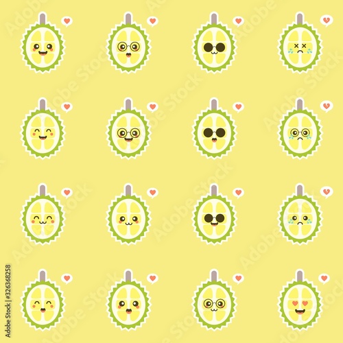 Funny and kawaii durian fruits. tropical fruit flat design Vector illustration. Use for card, mascot, poster, banner, emoji, emoticon, web design and print on t-shirt. Easy to edit.