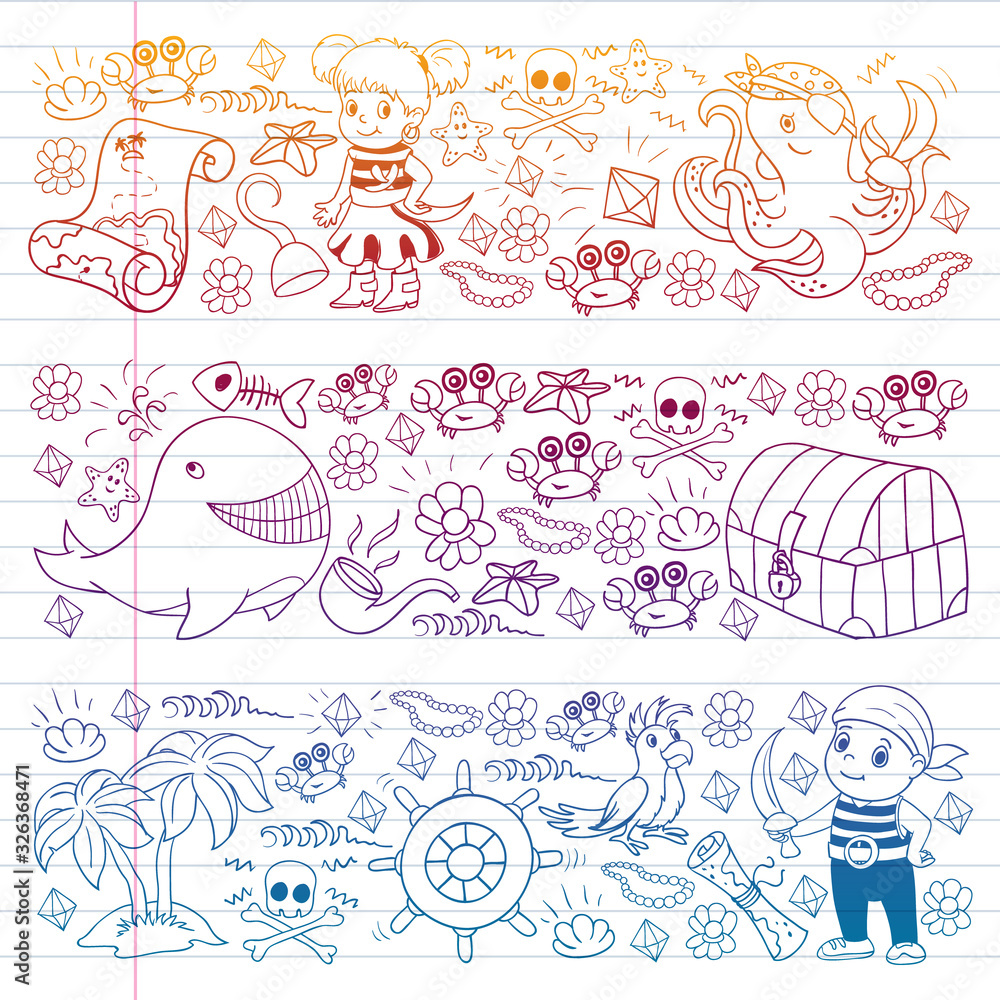 Vector set with pirate elements for birthday party for little children. Kids pattern with octopus, beach, treasure chest, ship Vector set with pirate elements for birthday party for little children. Kids pattern with octopus, beach, treasure chest, ship