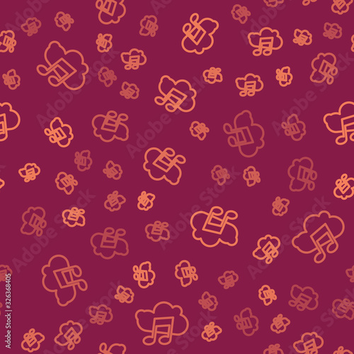 Brown line Music streaming service icon isolated seamless pattern on red background. Sound cloud computing, online media streaming, song, audio wave. Vector Illustration