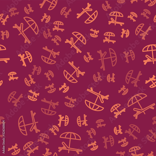Brown line Sunbed icon isolated seamless pattern on red background. Beach umbrella and Sun lounger. Vector Illustration