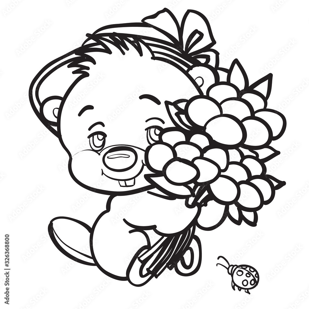 Fototapeta premium the character of a cute kitten holds a large bouquet of flowers in its paws and a small insect crawls towards it, drawing in outline, isolated object on a white background,