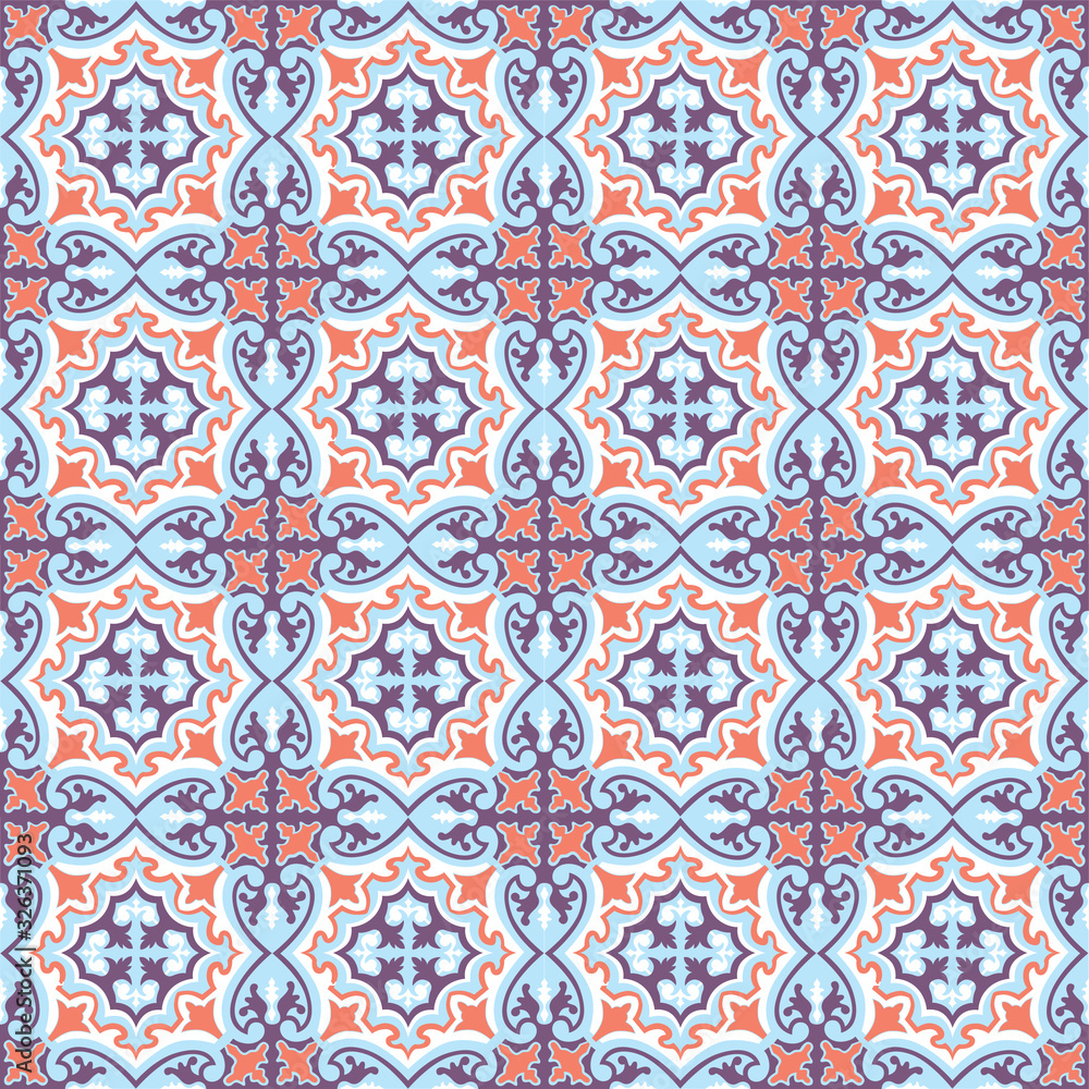 Abstract floral seamless pattern. Geometric asian ornament. Traditional floral oriental tile ornamental backdrop in portugues azulejo style. Good for wallpaper design