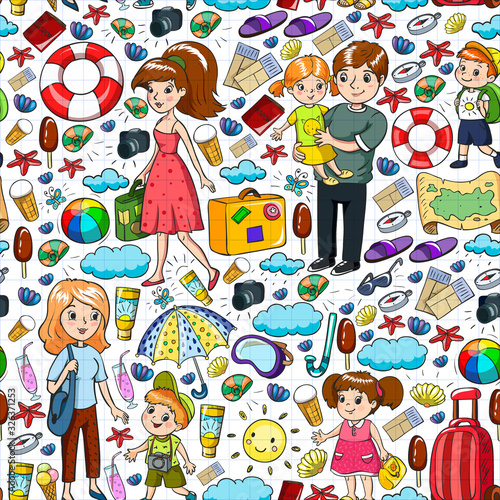 Vector pattern. Summer vacations. Little children. Happy family with kids. Travel and adventures. Beach, ocean, island, sun