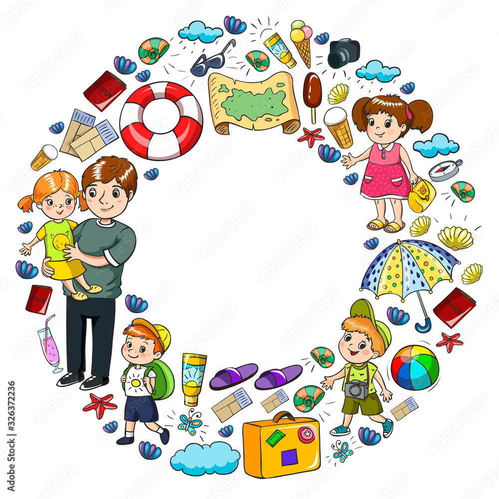 Vector pattern. Summer vacations. Little children. Happy family with kids. Travel and adventures. Beach, ocean, island, sun Vector pattern. Summer vacations. Little children. Happy family with kids. Travel and adventures. Beach, ocean, island, sun