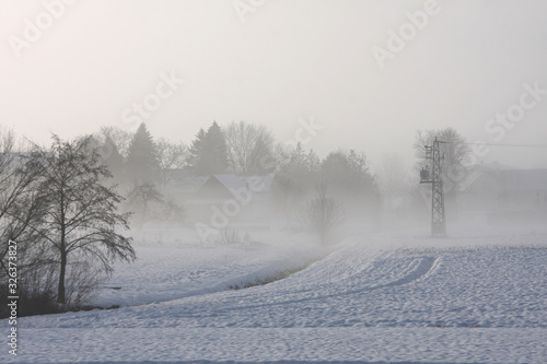 Electricity pylon at the edge of the village in winter, snowy foggy rural landscape in the morning light